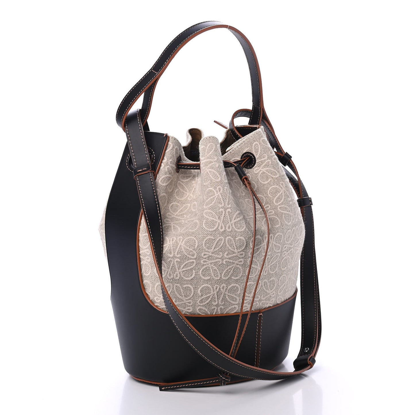 Calfskin Jacquard Linen Anagram Embroidered Balloon Bucket Bag Natural Black