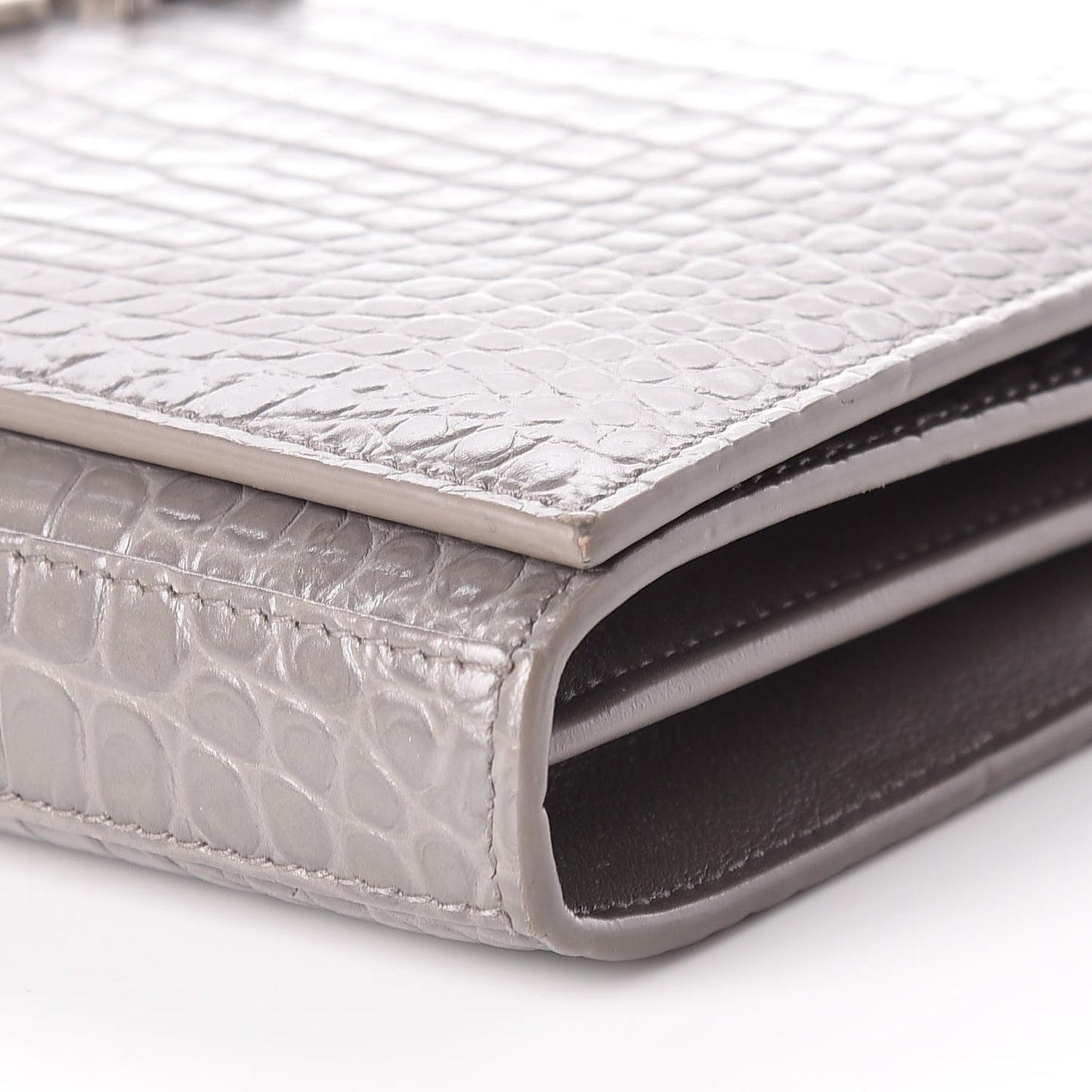 Calfskin Crocodile Embossed Monogram Chain Wallet Fog