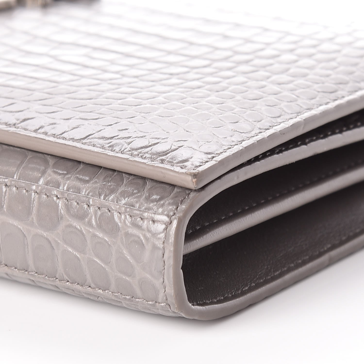 Saint Laurent Calfskin Crocodile Embossed Monogram Chain Wallet Fog 6 of 8