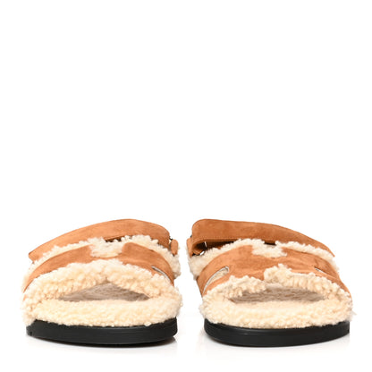 Hermes Suede Goatskin Woolskin Womens Chypre Sandals 38 Golden Beige 2 of 8