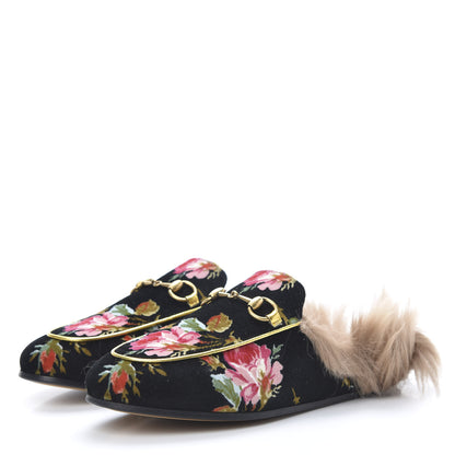 Gucci Velvet Fur Floral Womens Princetown Slippers 35.5 Black 3 of 8