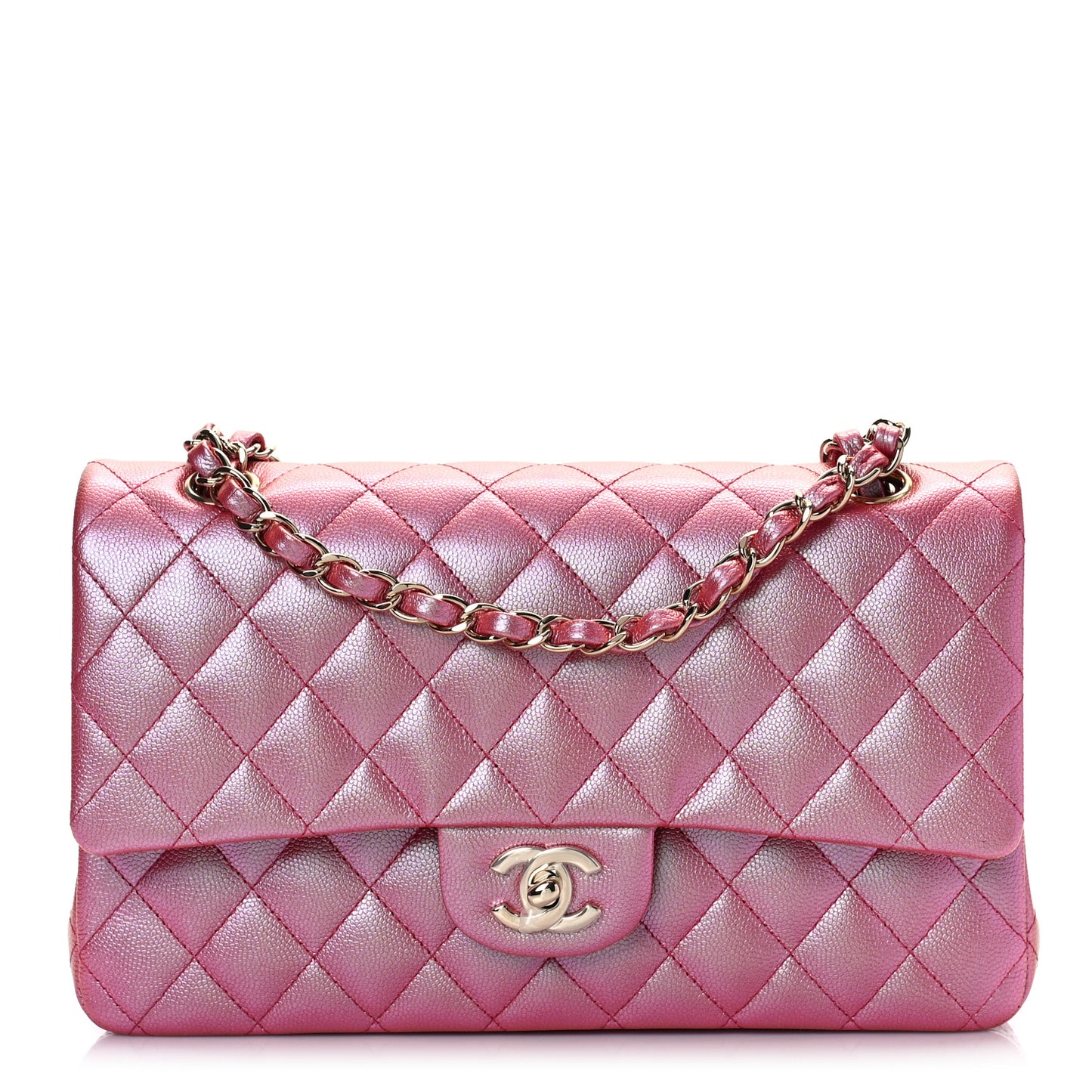 Iridescent Caviar Quilted Medium Double Flap Pink