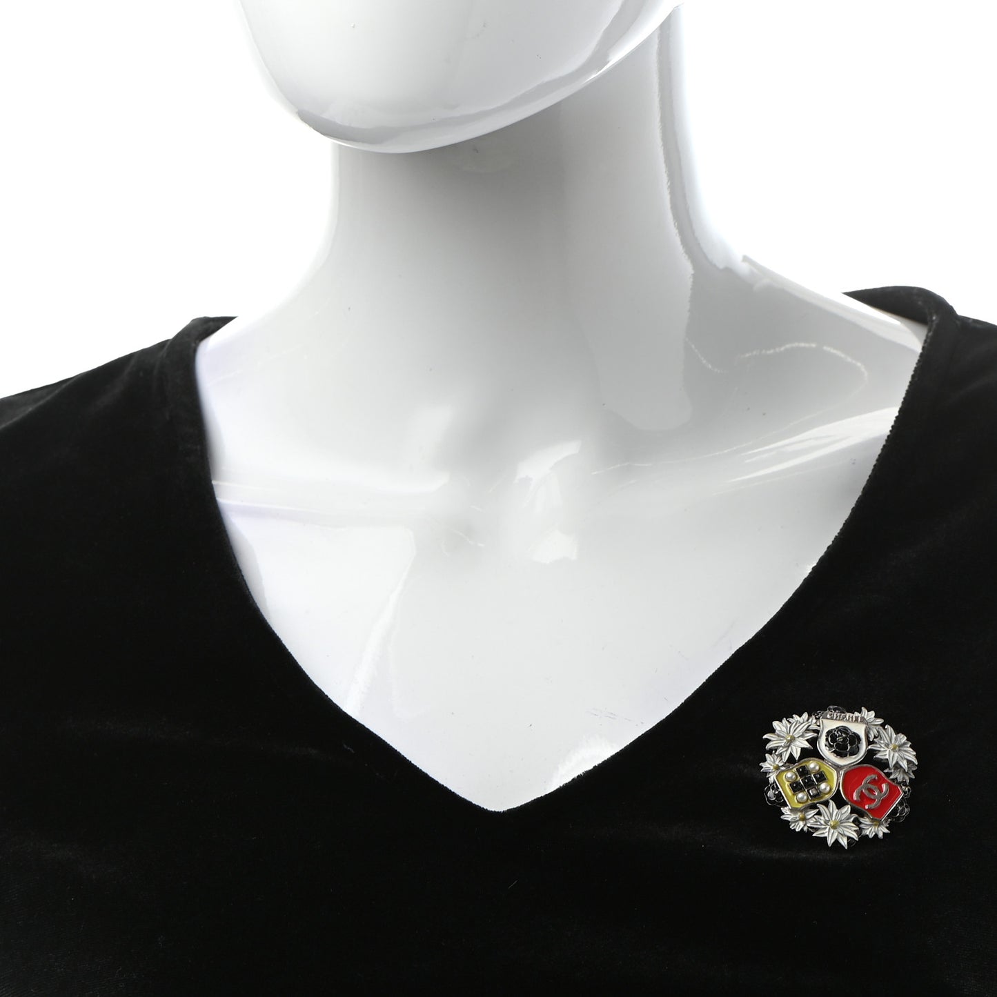 Enamel Pearl CC Camellia Badge Brooch Silver Red Black Multicolor