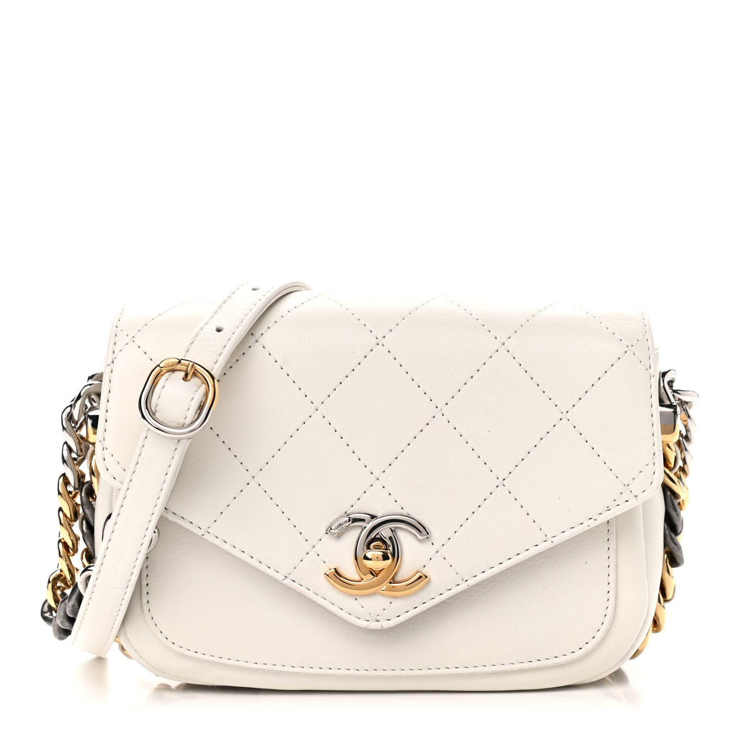 Calfskin Stitched Small Precious Union Flap Bag White