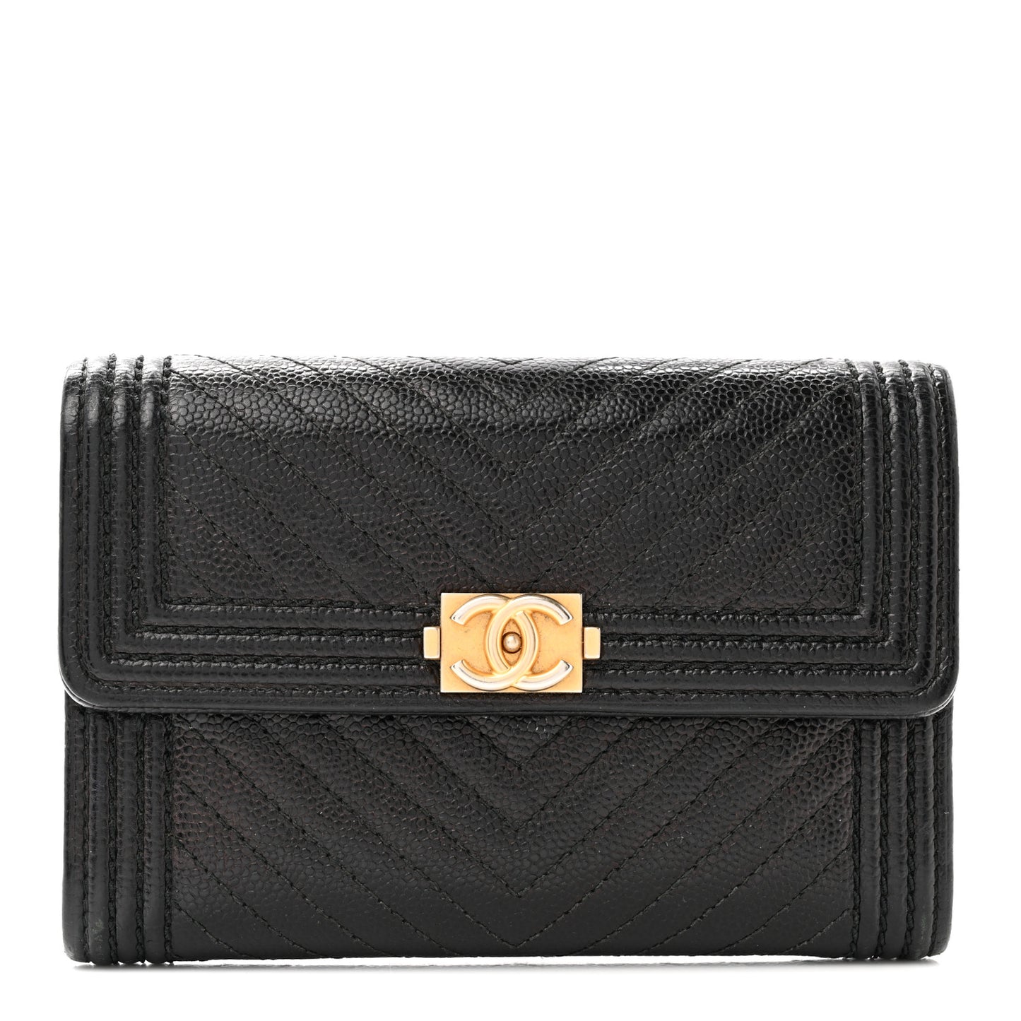 Caviar Chevron Quilted Medium Boy Flap Wallet Black