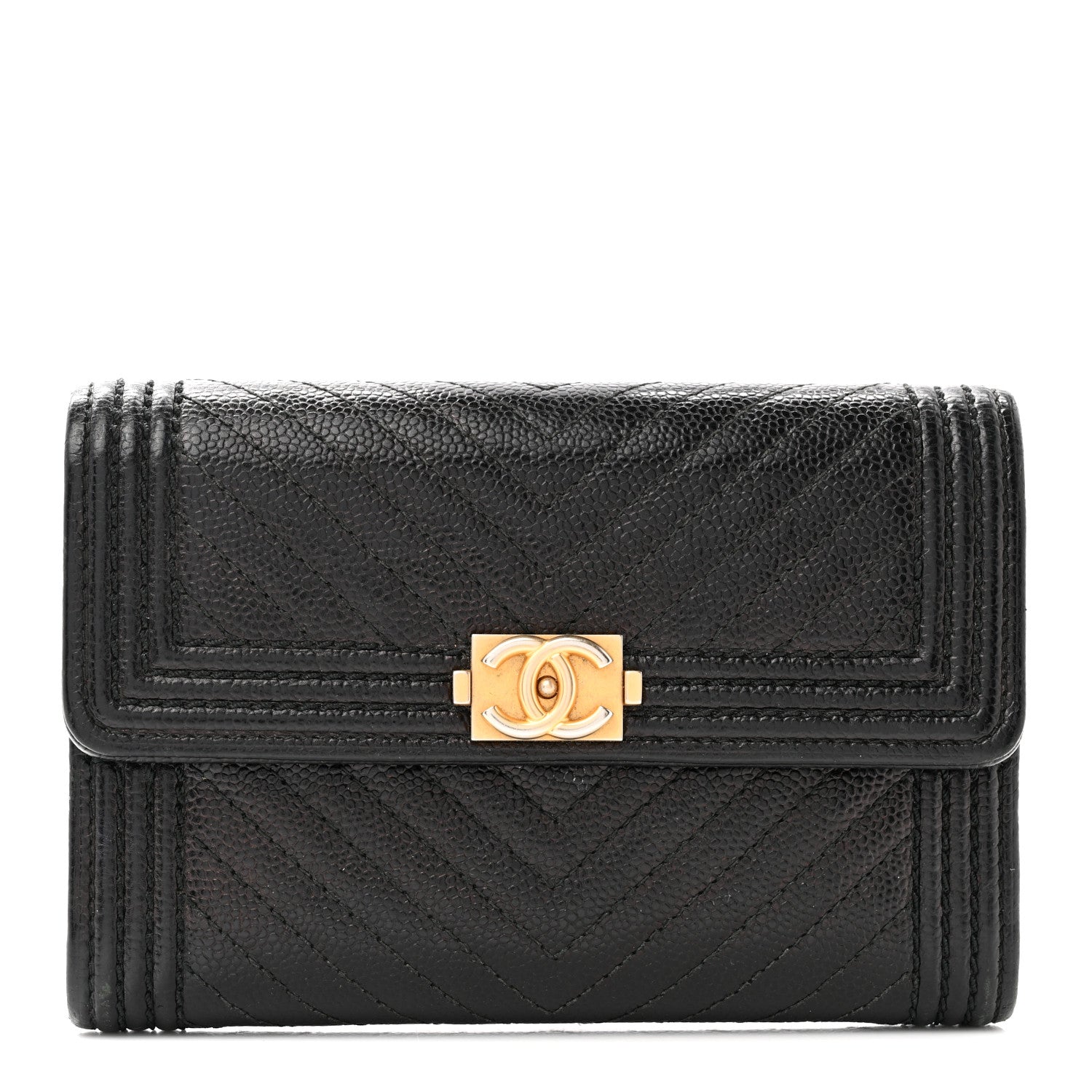 Chanel Caviar Chevron Quilted Medium Boy Flap Wallet Black 1 of 11