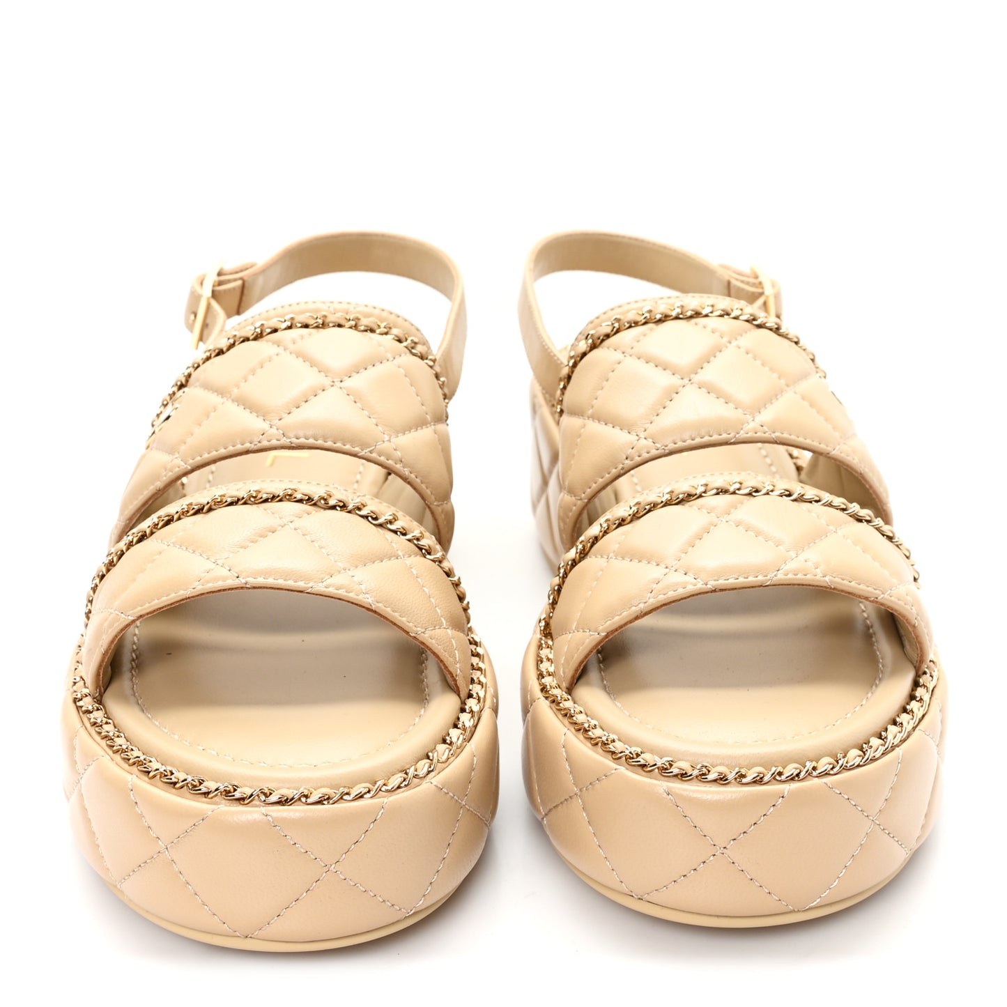 Shiny Lambskin Quilted Chain Around CC Platform Sandals 39.5 Beige