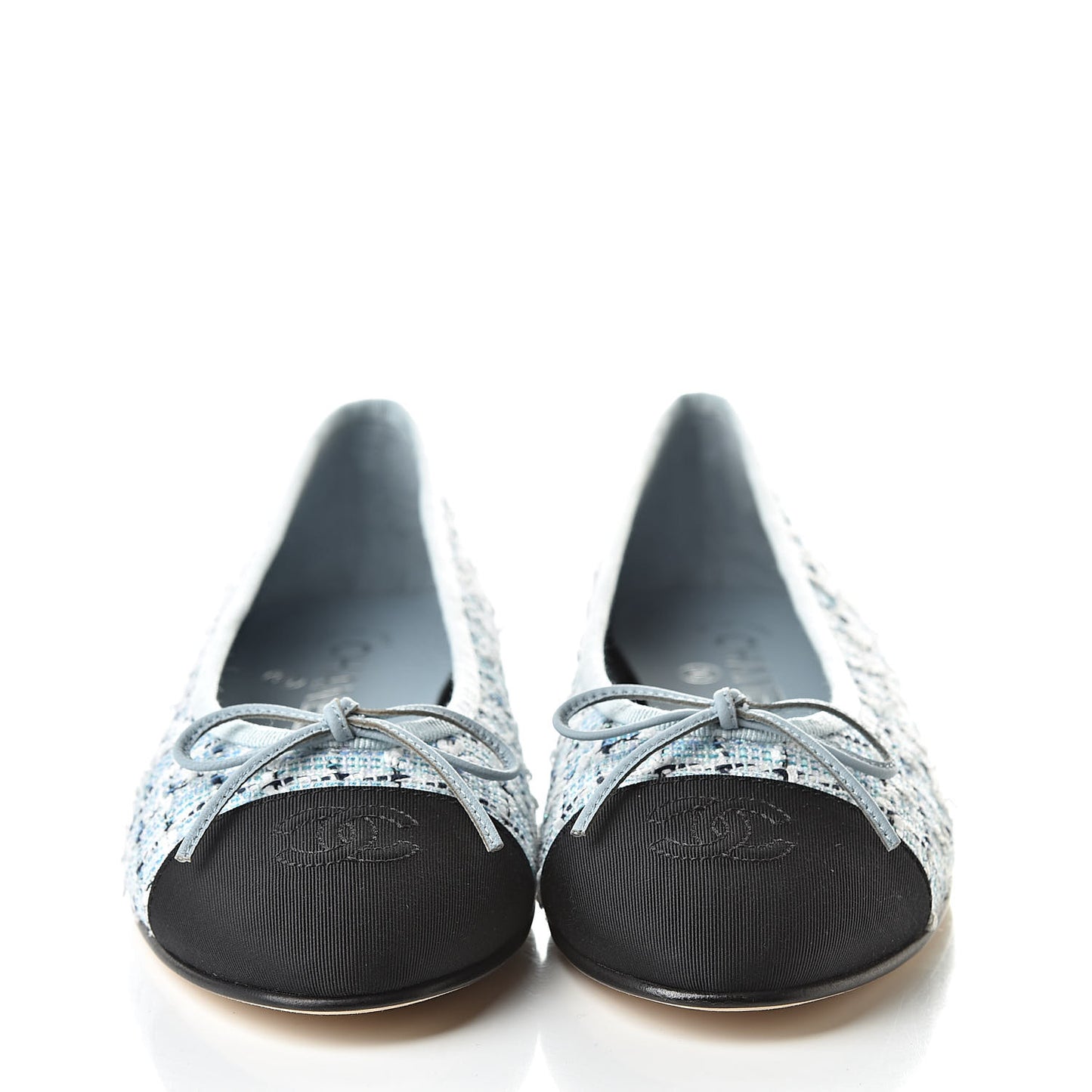 Tweed Grosgrain Cap Toe Ballerina Flats 37.5 Blue White Navy Black