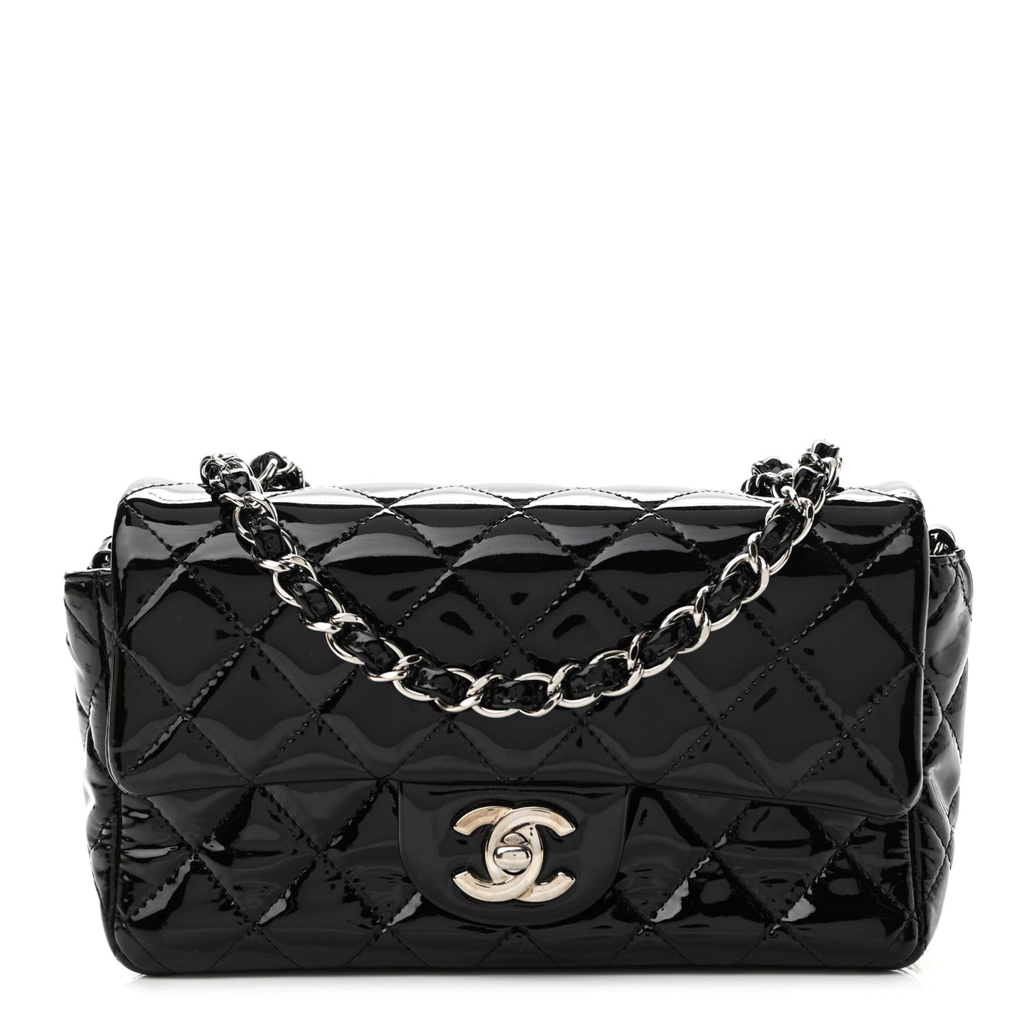 Patent Calfskin Quilted Mini Rectangular Flap Black