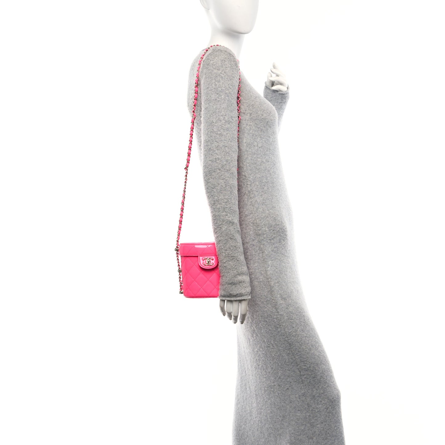 Patent Quilted CC Vani-Tea Case With Chain Neon Pink