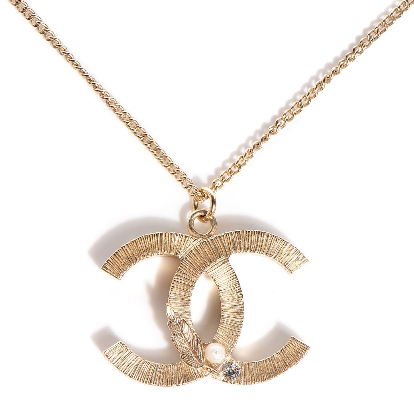 Pearl Crystal Leaf CC Necklace Gold