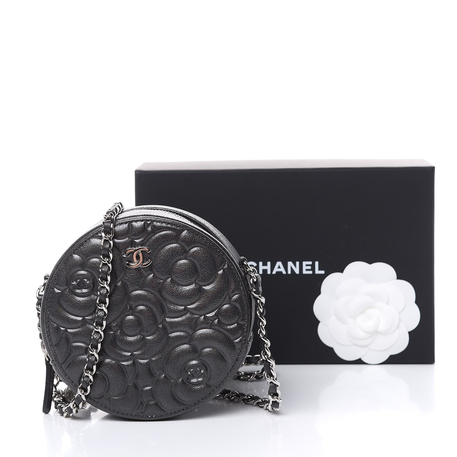 Chanel Goatskin Camellia Quilted Round Clutch With Chain Grey 12 of 12