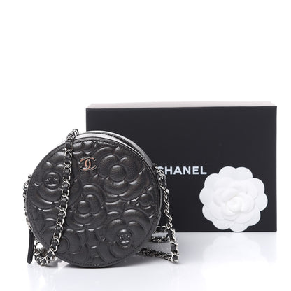 Chanel Goatskin Camellia Quilted Round Clutch With Chain Grey 12 of 12