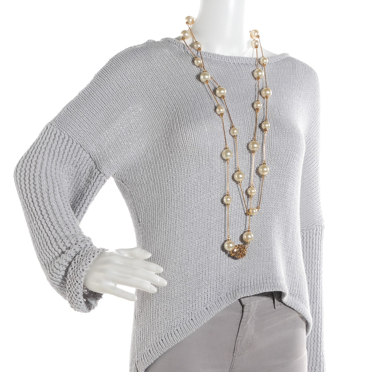 Crystal Pearl CC Long Necklace Gold