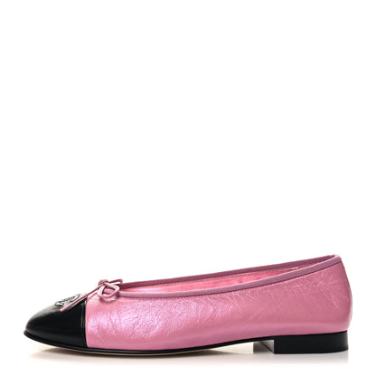 Chanel Laminated Crumpled Lambskin Cap Toe CC Ballerina Flats 39.5 Pink Black 1 of 10