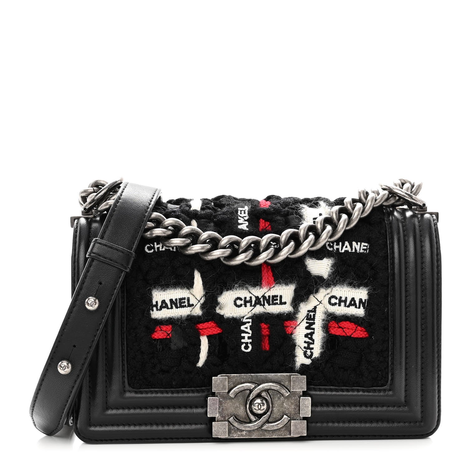 Chanel Lambskin Tweed Logo Embroidered Small Boy Flap White Red Black 1 of 10