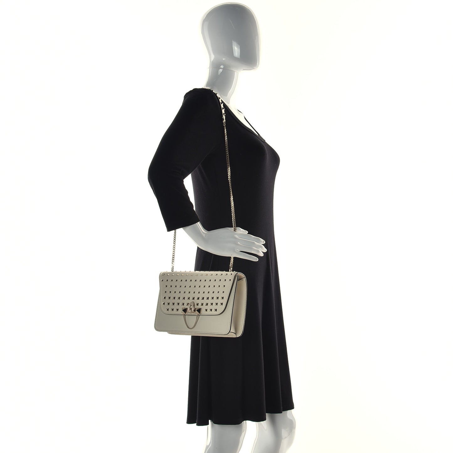 Vitello Small Rockstud All Over Demilune Shoulder Bag Light Ivory