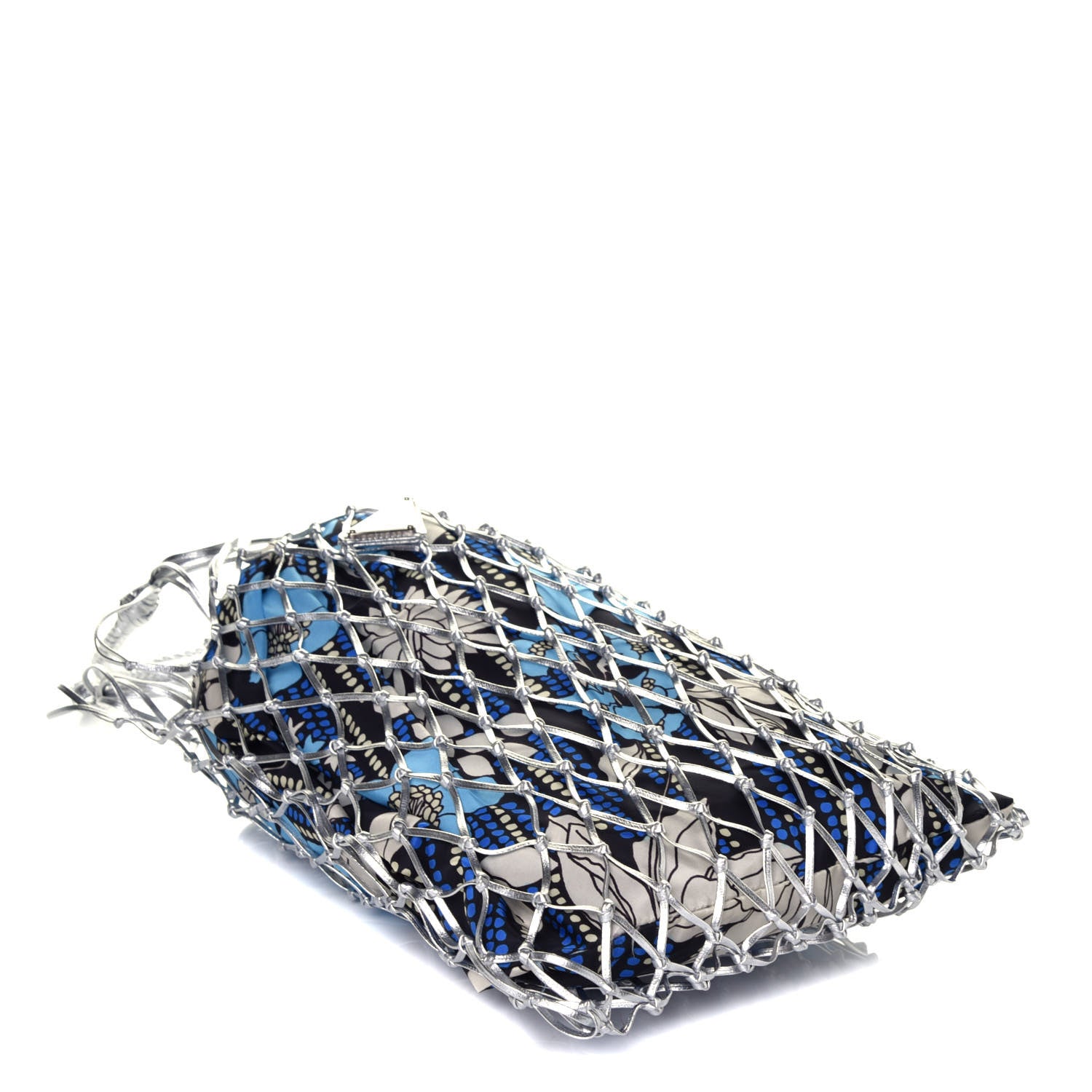 Prada Nylon Floral Print Net Tote Silver Blue 4 of 8