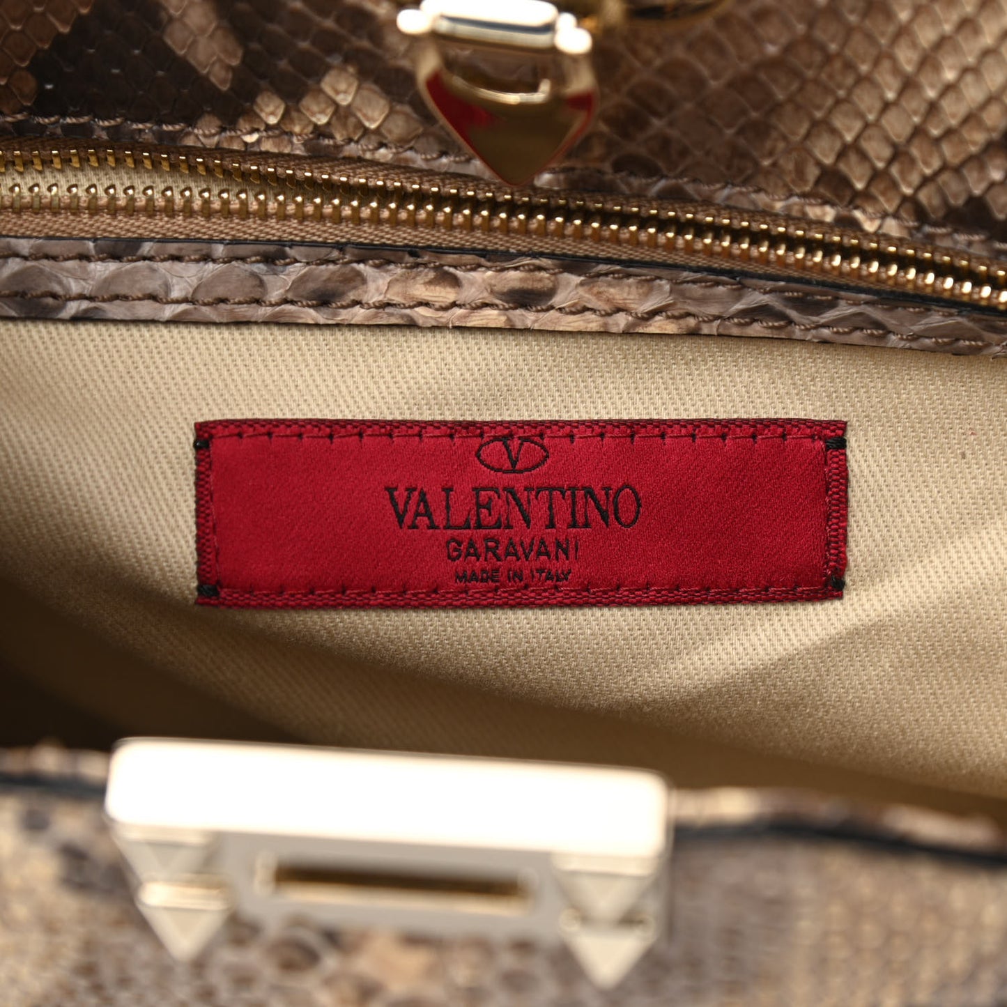 Snakeskin Rockstud Shoulder Satchel Beige
