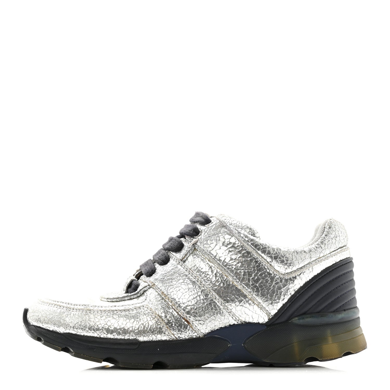 Chanel Metallic Crackled Calfskin CC Sneakers 36 Silver Black Navy