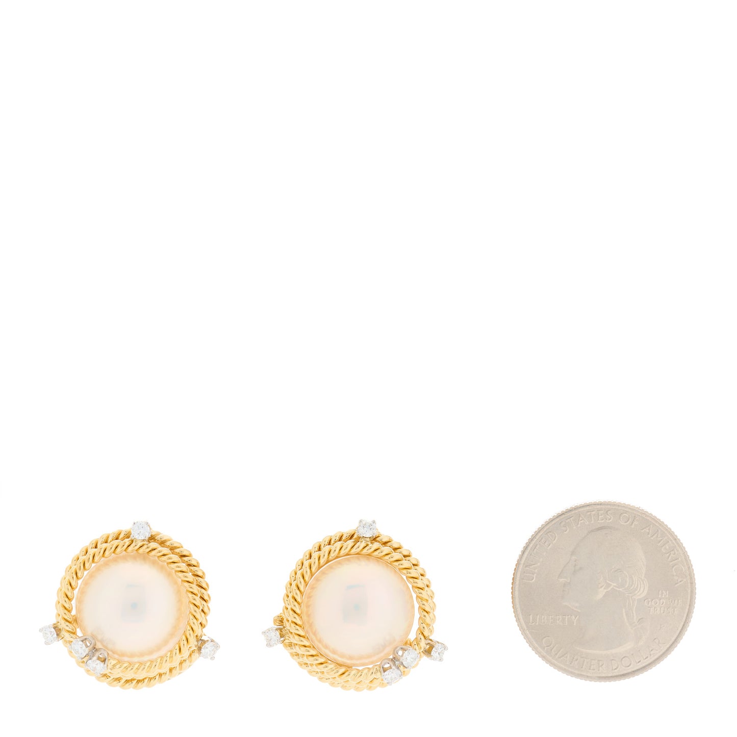 18K Yellow Gold Platinum Diamond Mabe Pearl Schlumberger Clip-On Earrings