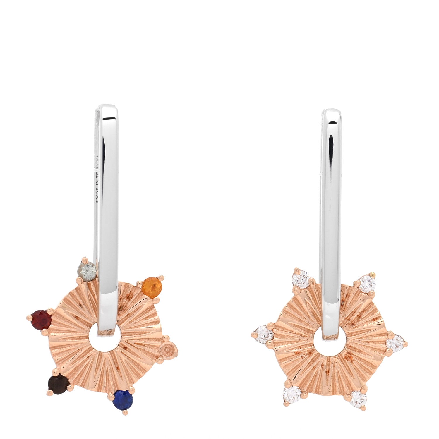 Foundrae 18K White Rose Gold Diamond Multi Gemstone Disk Small Fob Link Earrings 1 of 6