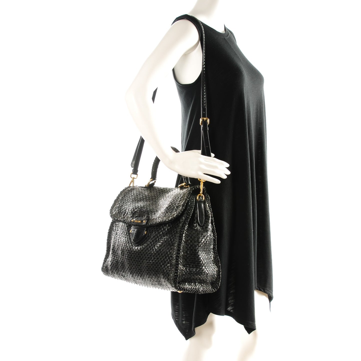 Goatskin Woven Top Handle Satchel Baltico Black