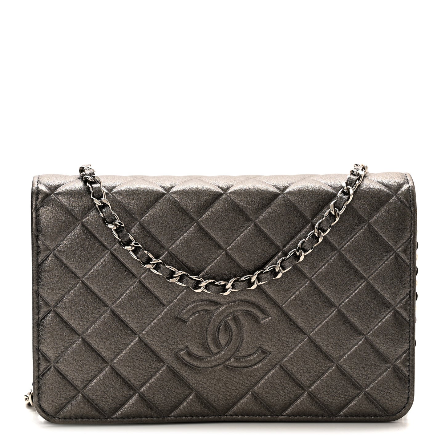 Metallic Goatskin Quilted Diamond CC Wallet On Chain WOC Pewter