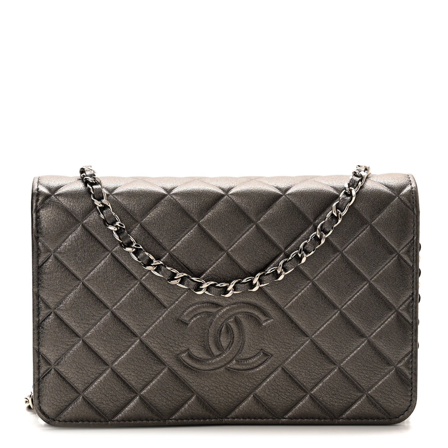 Chanel Metallic Goatskin Quilted Diamond CC Wallet On Chain WOC Pewter 1 of 12