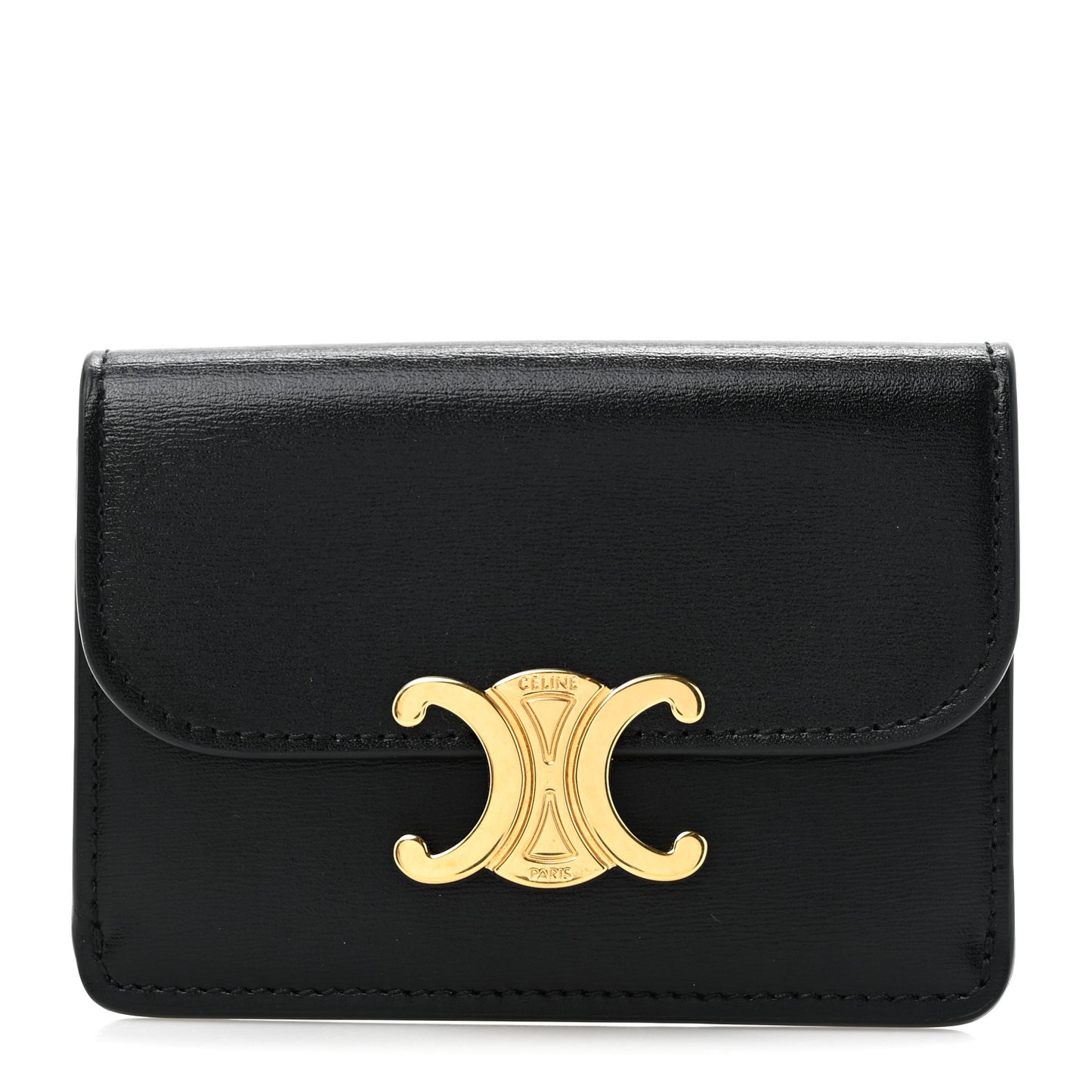 Shiny Calfskin Triomphe Flap Card Holder Black