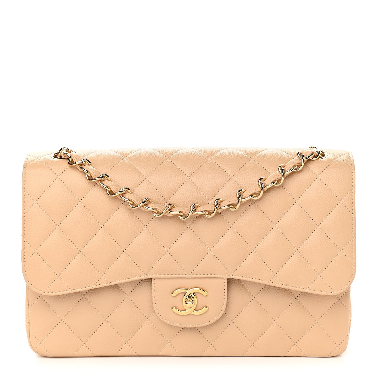 Caviar Quilted Jumbo Double Flap Beige Clair