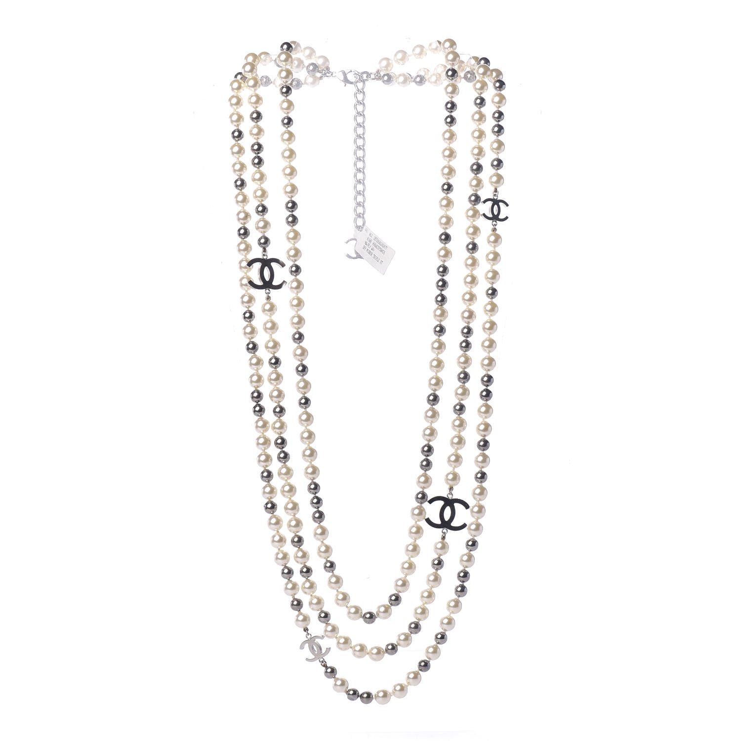 Chanel Pearl CC Long Necklace Silver Pearly White Grey 3 of 8