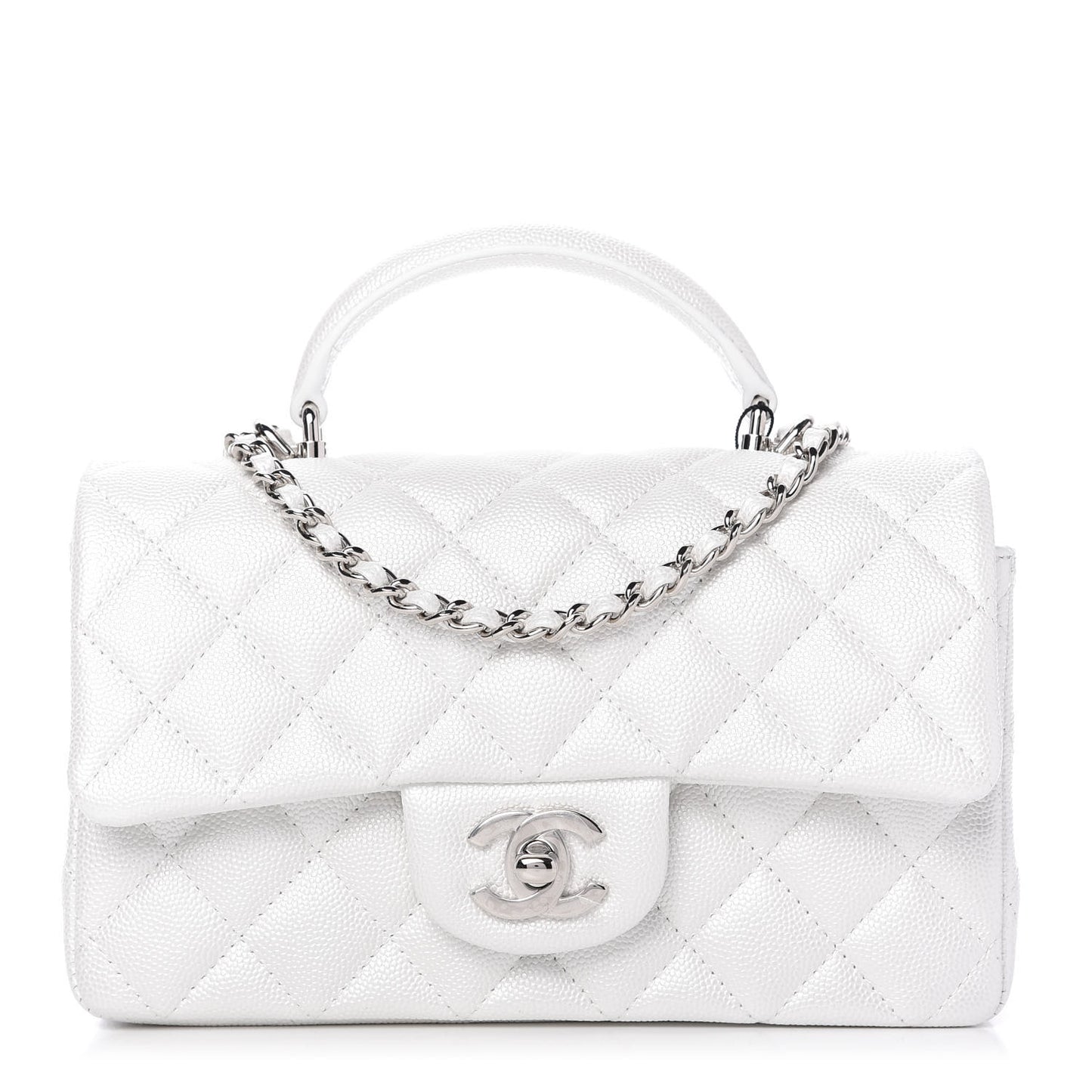 Iridescent Caviar Quilted Mini Top Handle Rectangular Flap White