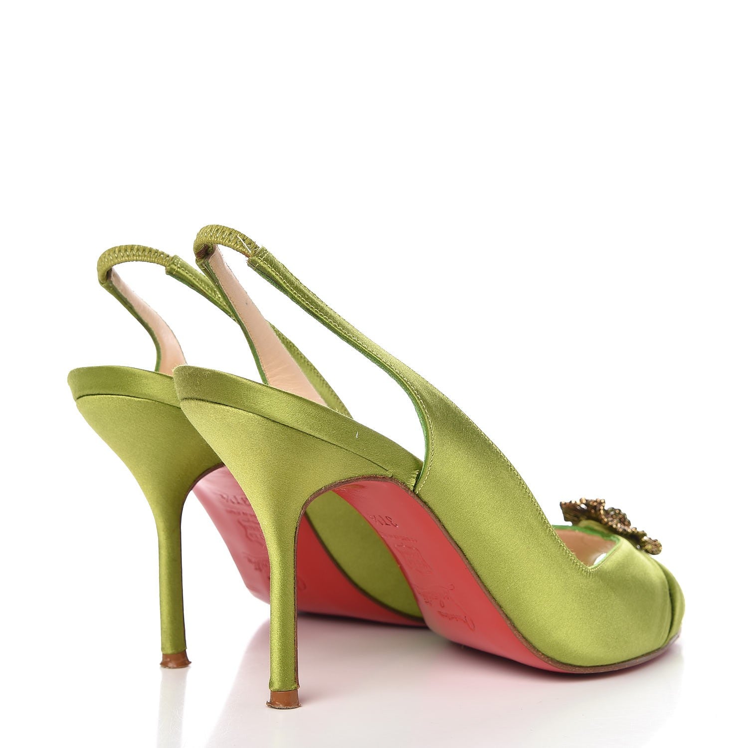 Christian Louboutin Satin Fiorellino Peep Toe Slingback 37.5 Green 4 of 16
