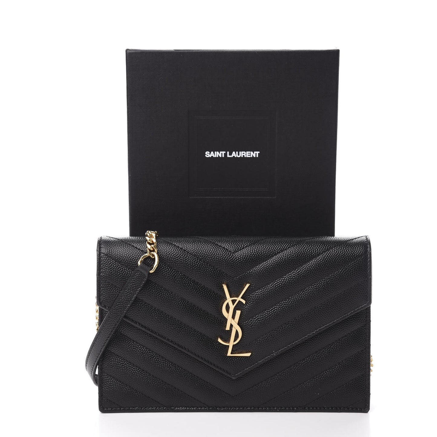 Grain De Poudre Matelasse Chevron Monogram Envelope Chain Wallet Black