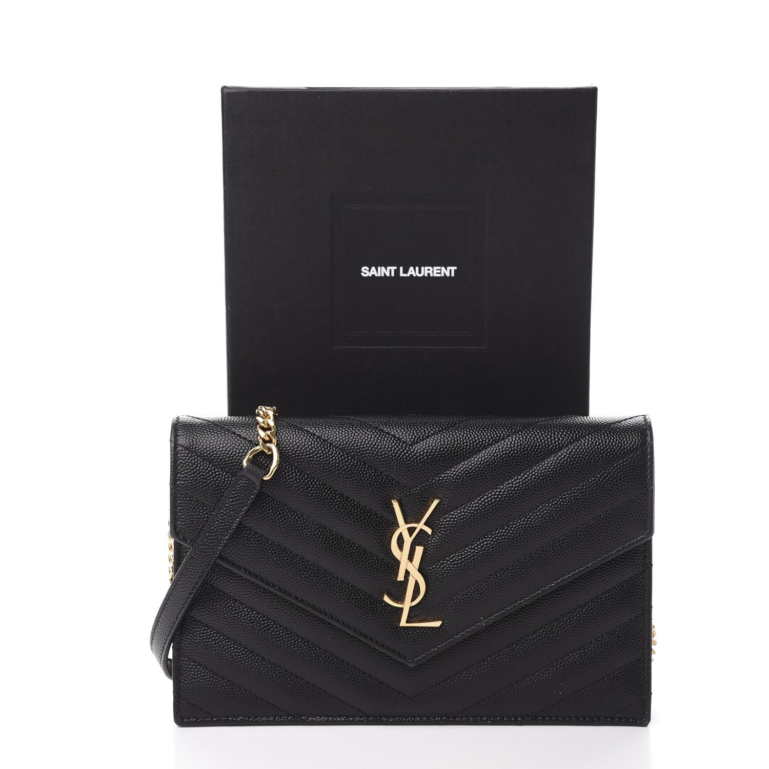 Saint Laurent Grain De Poudre Matelasse Chevron Monogram Envelope Chain Wallet Black 11 of 11