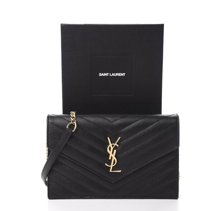 Saint Laurent Grain De Poudre Matelasse Chevron Monogram Envelope Chain Wallet Black 11 of 11