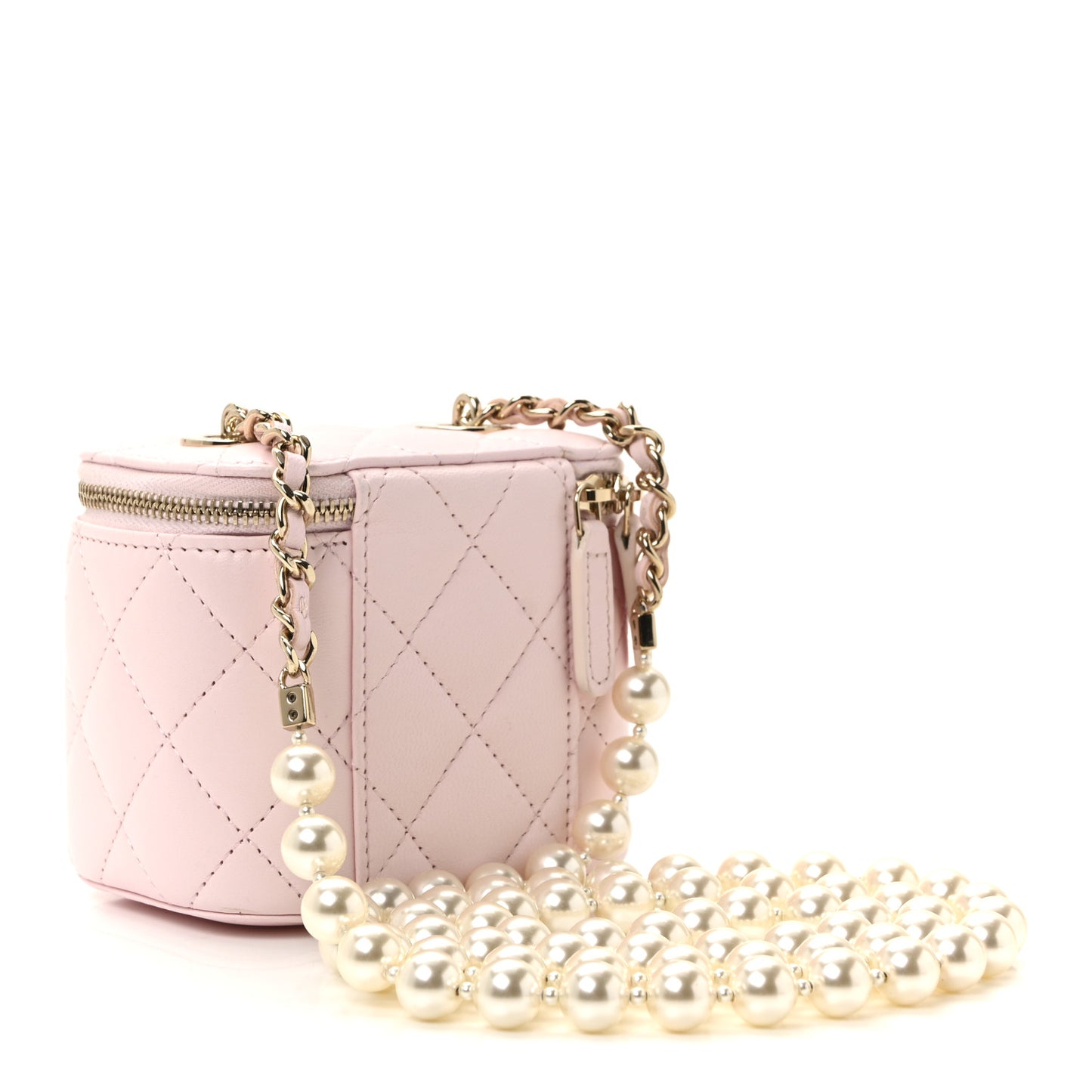 Lambskin Quilted Mini Vanity Case With Pearl Chain Light Pink