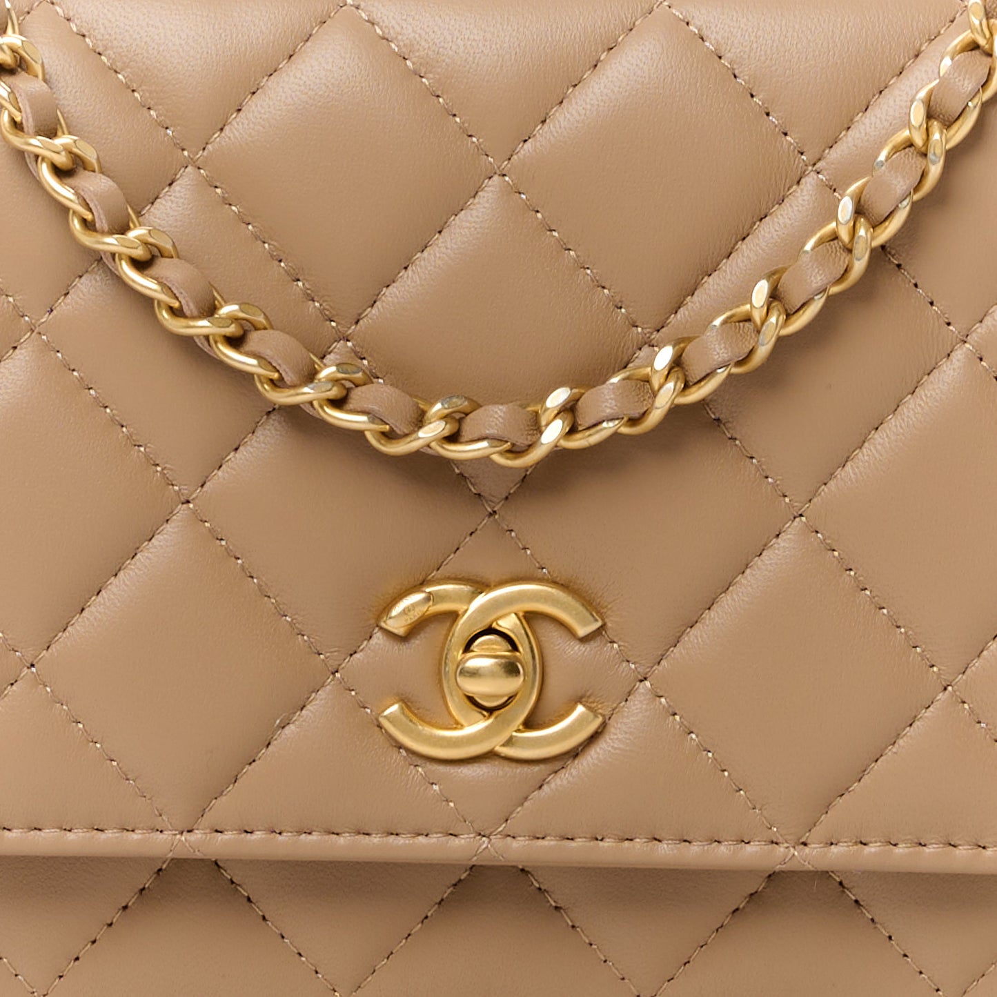 Lambskin Quilted CC Pearl Crush Wallet on Chain WOC Beige
