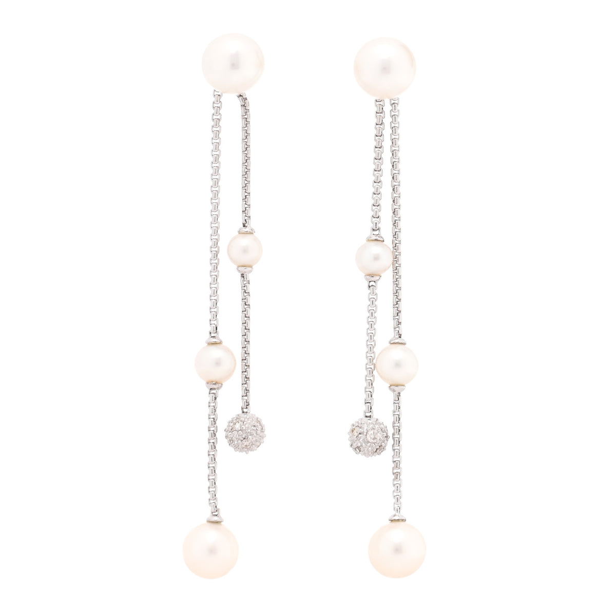 David Yurman Sterling Silver Diamond Cultured Pearl Two Row Pave Drop Earrings 1 of 5