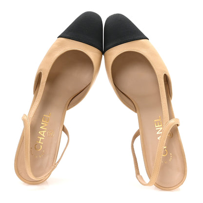 Chanel Goatskin Grosgrain Cap Toe CC Slingback Pumps 40.5 Beige Black 2 of 8