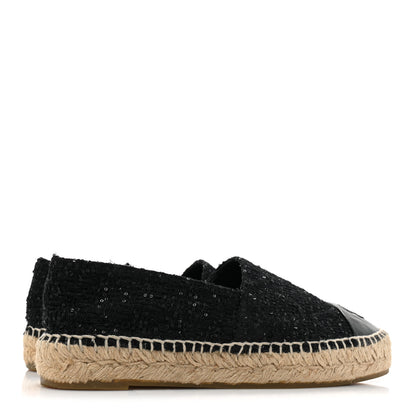 Chanel Tweed Patent Goatskin Sequin CC Espadrilles 36 Black 4 of 8