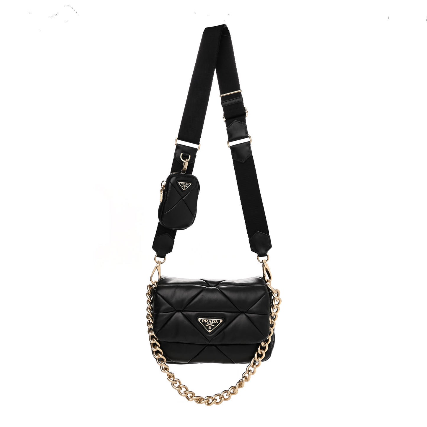 Nappa Re-Nylon Triangle Quilted Patchwork System Flap Shoulder Bag Black