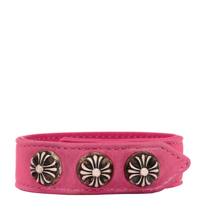 Chrome Hearts Sterling Silver Leather Maltese Cross Bracelet Pink 1 of 4