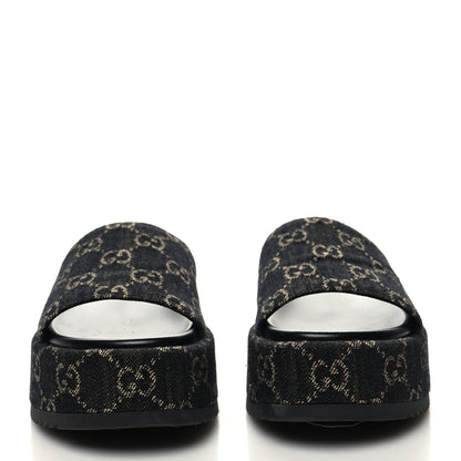 Gucci Jacquard Black Denim GG Monogram Angelina Platform 55mm Slide Sandals 36 Black Ivory 2 of 8