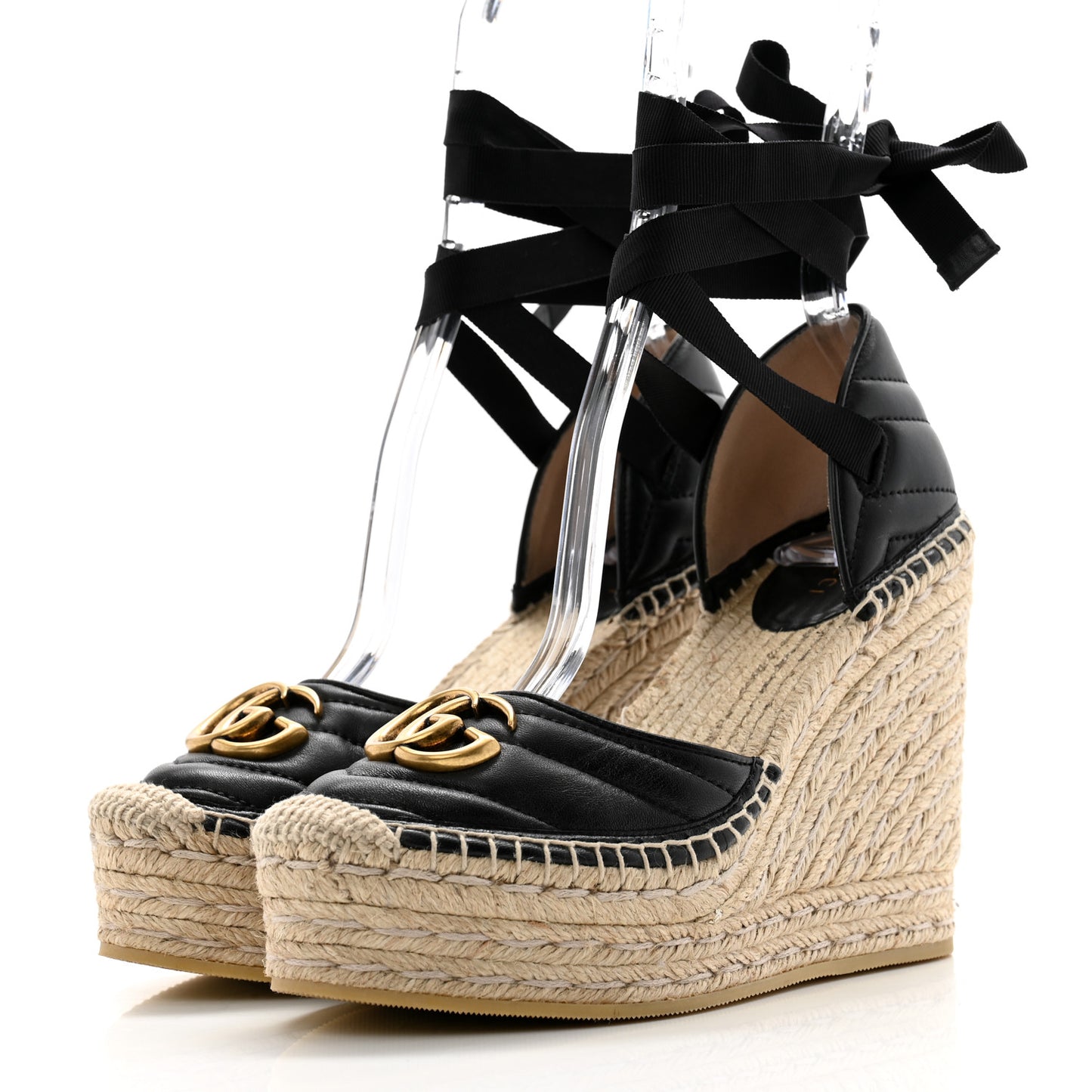 Nappa Matelasse GG Marmont Ankle Wrap Platform 35/120mm Espadrille Wedges 37.5 Black