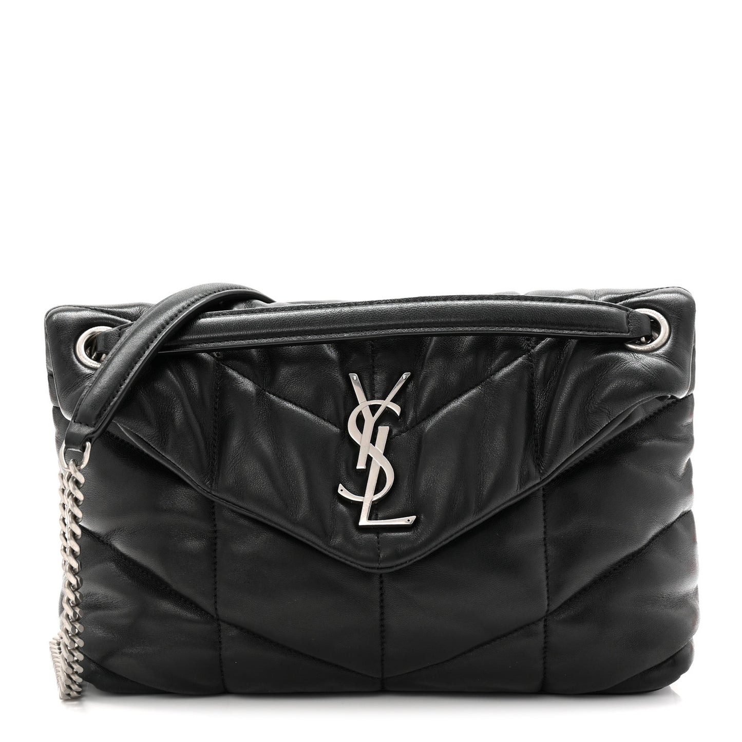 Lambskin Quilted Small Loulou Puffer Monogram Chain Satchel Black
