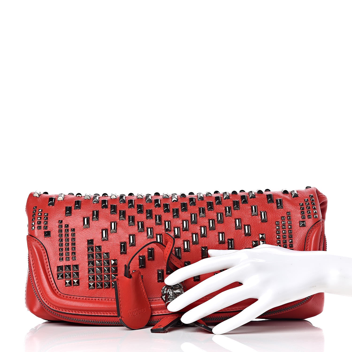 Alexander McQueen Calfskin Studded Padlock Skull Fold Over Clutch Red 2 of 10