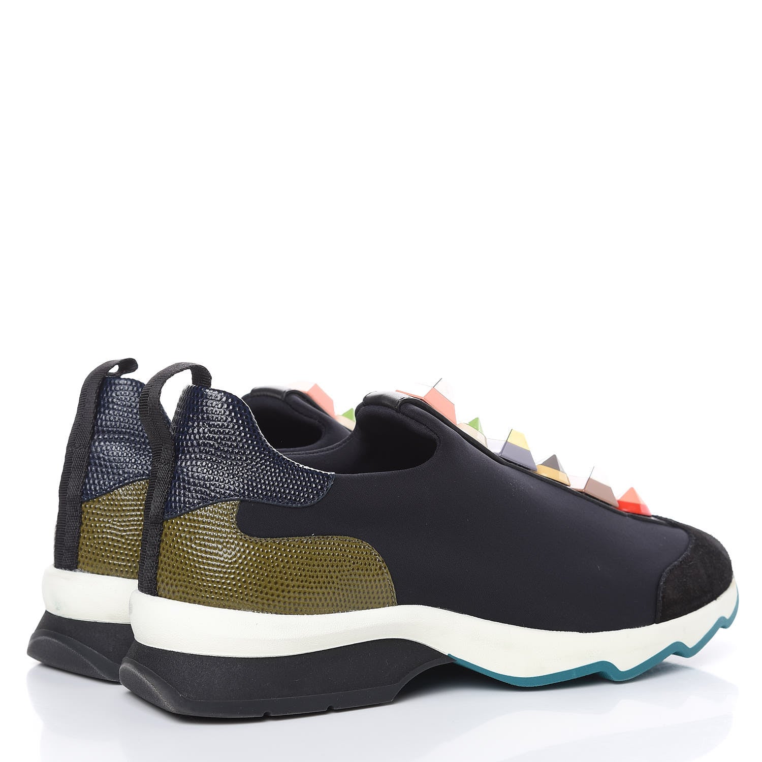 Fendi Neoprene Calfskin Rainbow Studded Sneakers 39 Black Navy Olive 4 of 9