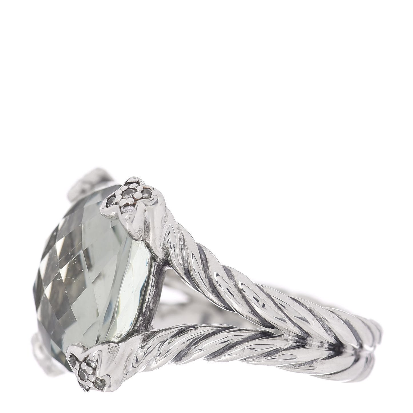Sterling Silver Diamond Prasiolite 15mm Cushion On Point Ring 54 6.75